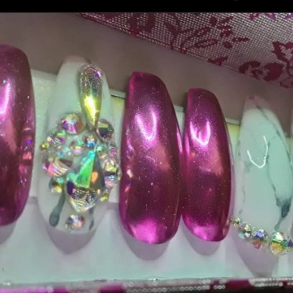 Handmade Hard Gel Mirror Chrome & Marble Press On Nails - Picture 2 of 6